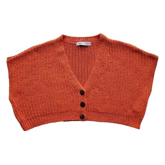Zara Cropped Orange Knit Sleeveless 3 Button Vest / Cardigan Size S - Picture 3 of 11